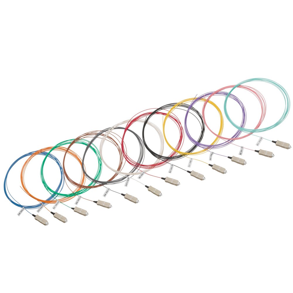 Patch Cords De F.o Om4 12 Pzas De Distintos Colores Lc A Pigtail 3 Mto De Largo Mca Leviton