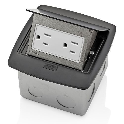 Caja Desplegable Para Piso Contra Agua Con Tomacorriente Duplex De 15a Acabado Negro Pulido Mca. Leviton