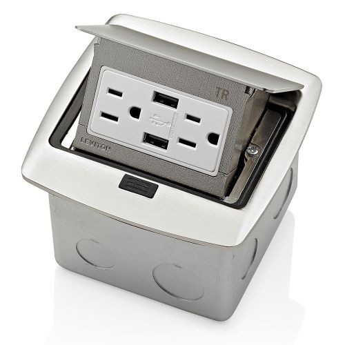 Caja Desplegable Para Piso Contra Agua Con Tomacorriente Duplex De 15a Y Doble Usb 3.6a Acabado Niquel Mca. Leviton