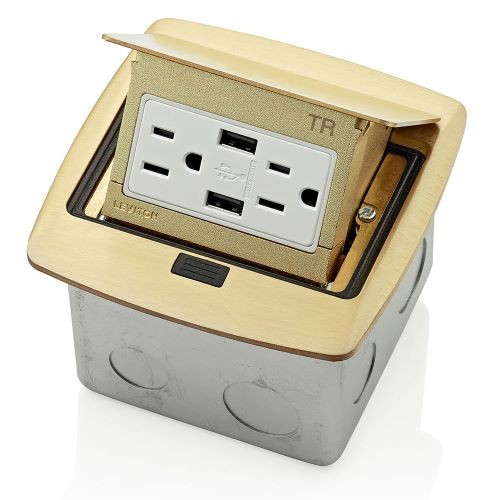 Caja Desplegable Para Piso Contra Agua Con Tomacorriente Duplex De 15a Y Doble Usb 3.6a Acabado Bronce Mca. Leviton