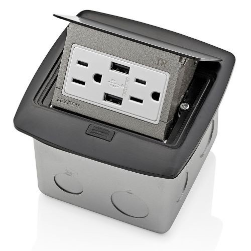 Caja Desplegable Para Piso Contra Agua Con Tomacorriente Duplex De 15a Y Doble Usb 3.6a Acabado Negro Mca. Leviton
