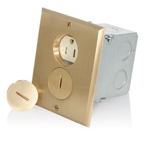 Caja De Piso Sencilla Con Tomacorriente 15a Duplex  A Prueba De Manipulaciones Acabado Bronce Mca. Leviton