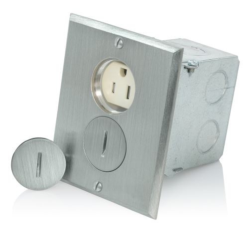 Caja De Piso Sencilla Con Tomacorriente 15a Duplex  A Prueba De Manipulaciones Acabado Niquel Pulido Mca. Leviton