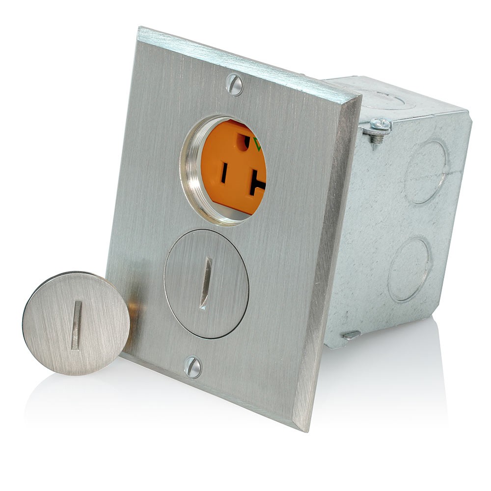 Caja De Piso Sencilla Con Tomacorriente 25a Duplex Tierra Aislada  Acabado Niquel Pulido Mca. Leviton