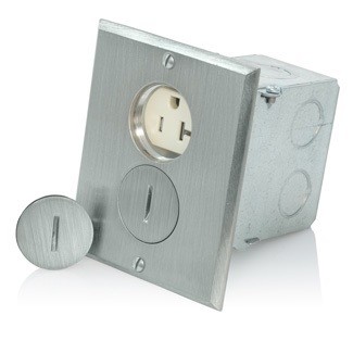 Caja De Piso Sencilla Con Tomacorriente 20a Duplex  A Prueba De Manipulaciones Acabado Niquel Pulido Mca. Leviton