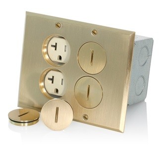 Caja De Piso Doble Con Tomacorriente 20a Duplex  A Prueba De Manipulaciones Acabado Bronce Mca. Leviton