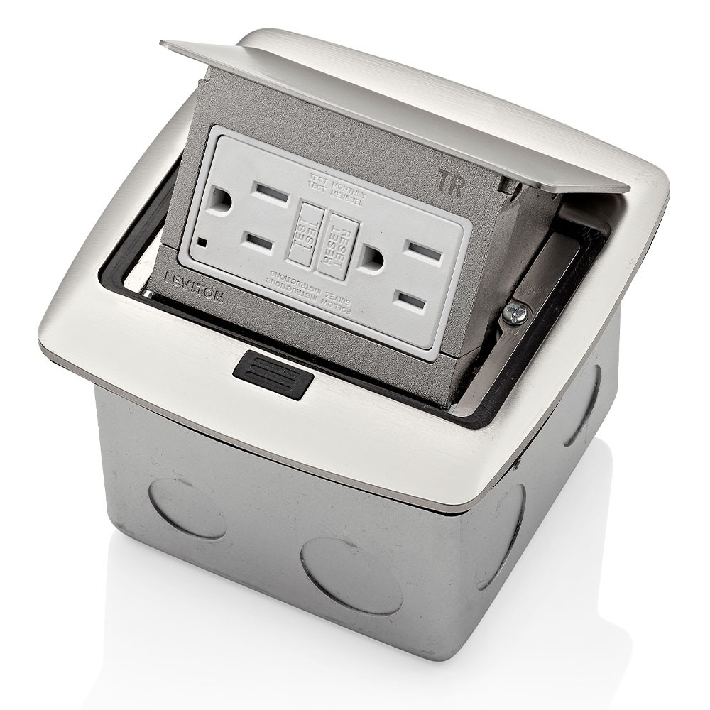 Caja Desplegable Para Piso Contra Agua Ip44 Con Tomacorriente Icft De 15a A Prueba De Manipulaciones Acabado Niquel Pulido Mca. Leviton