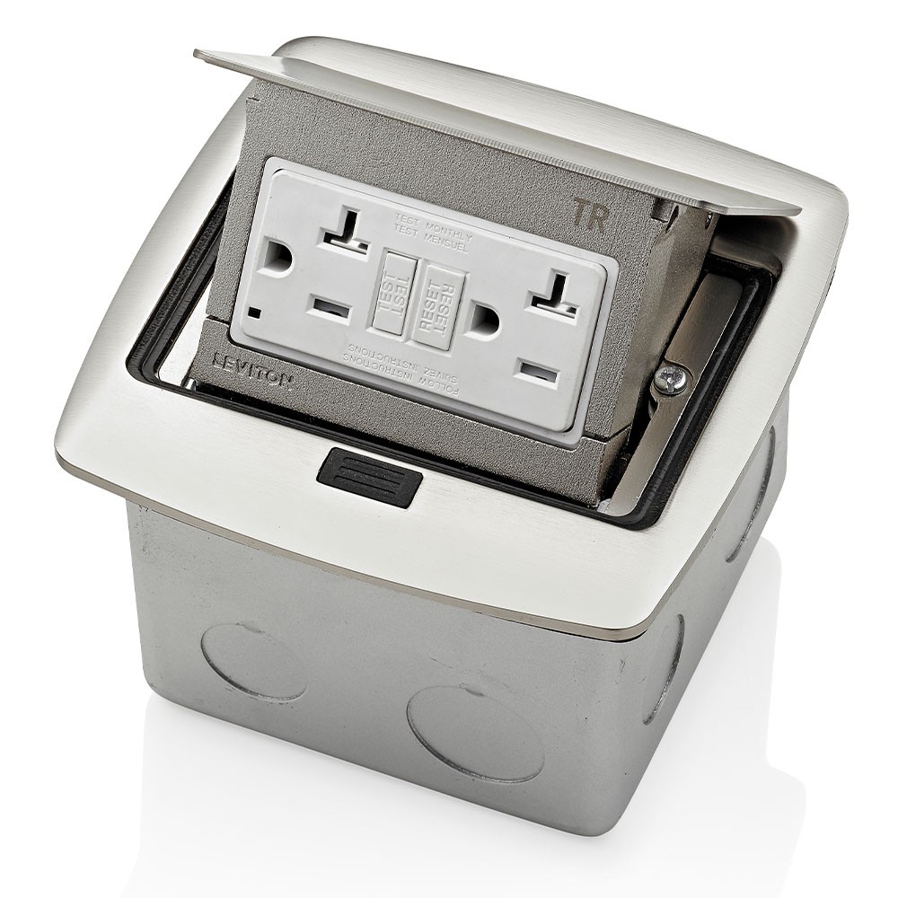 Caja Desplegable Para Piso Contra Agua Ip44 Con Tomacorriente Icft De 20a A Prueba De Manipulaciones Acabado Niquel Pulido Mca. Leviton