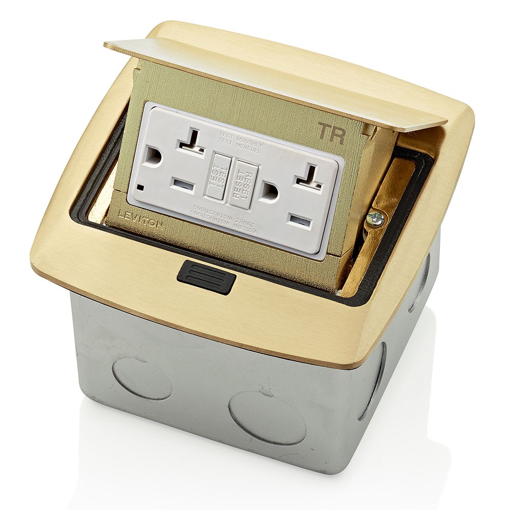 Caja Desplegable Para Piso Contra Agua Ip44 Con Tomacorriente Icft De 20a A Prueba De Manipulaciones Acabado Bronce Mca. Leviton
