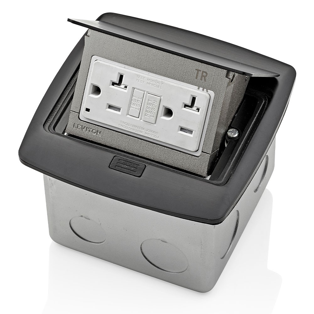 Caja Desplegable Para Piso Contra Agua Ip44 Con Tomacorriente Icft De 20a A Prueba De Manipulaciones Acabado Negro Mca. Leviton