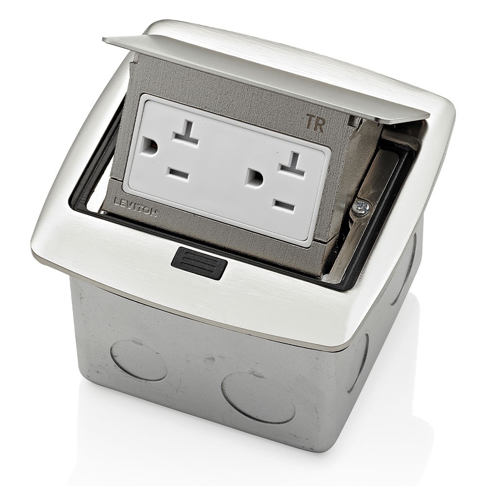 Caja Desplegable Para Piso Contra Agua Ip44 Con Tomacorriente De 20a A Prueba De Manipulaciones Acabado Niquel Pulido Mca. Leviton