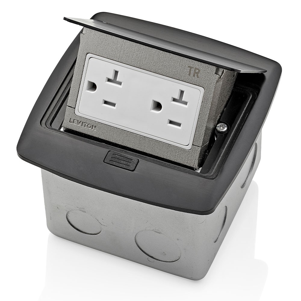 Caja Desplegable Para Piso Contra Agua Ip44 Con Tomacorriente De 20a A Prueba De Manipulaciones Acabado Negro Mca. Leviton