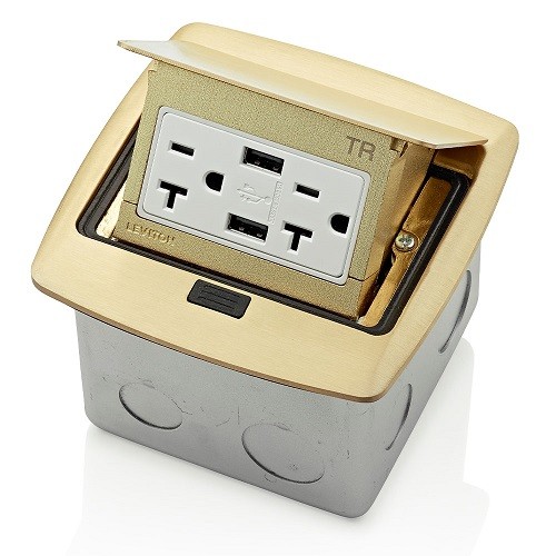 Caja Desplegable Para Piso Contra Agua Ip44 Con Tomacorriente Duplex De 20a Y Doble Usb 3.6a Acabado Bronce Mca. Leviton