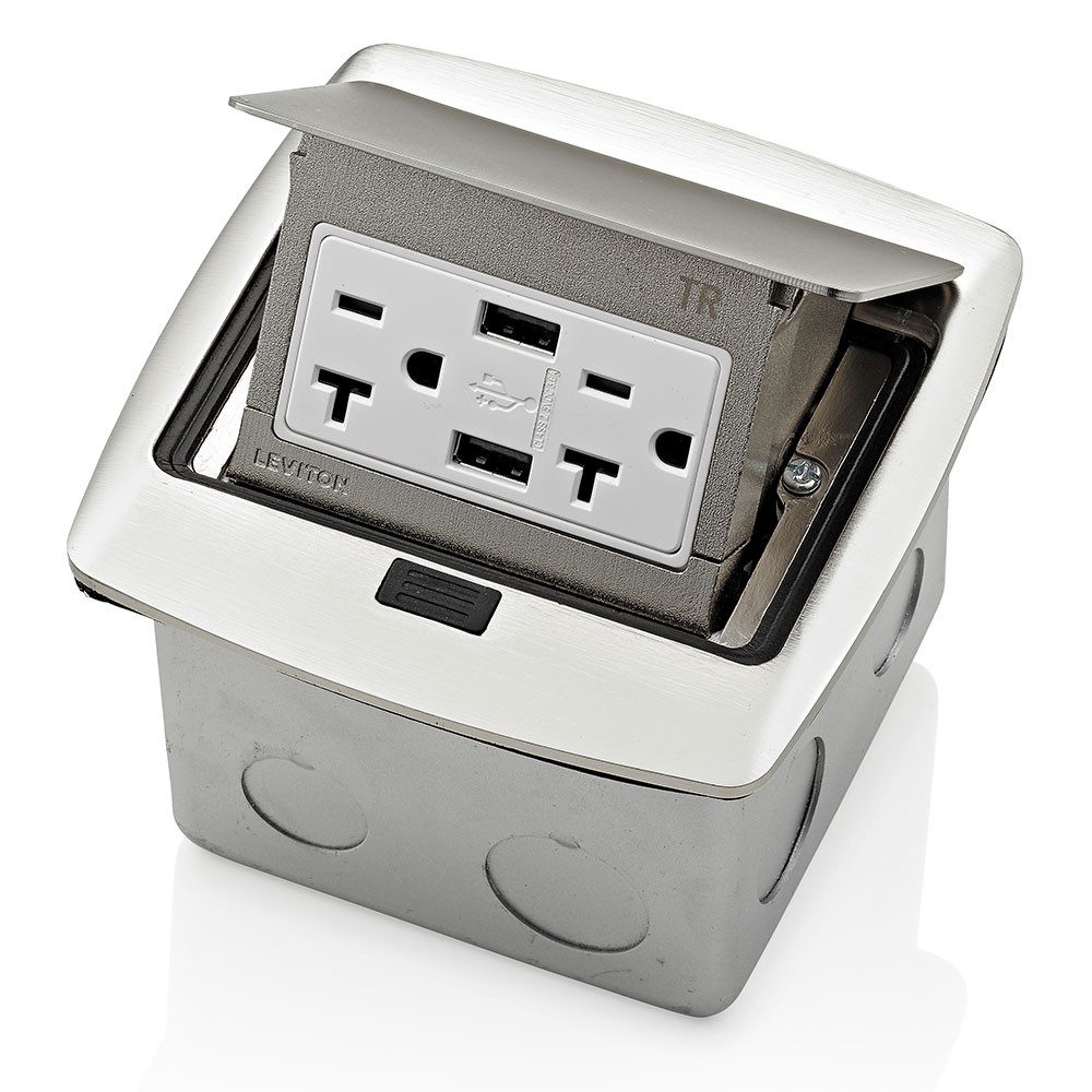 Caja Desplegable Para Piso Contra Agua Ip44 Con Tomacorriente Duplex De 20a Y Doble Usb 3.6a Acabado Niquel Pulido Mca. Leviton