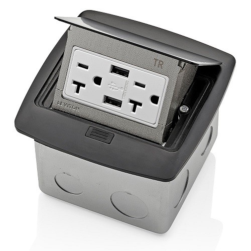 Caja Desplegable Para Piso Contra Agua Ip44 Con Tomacorriente Duplex De 20a Y Doble Usb 3.6a Acabado Negro Pulido Mca. Leviton