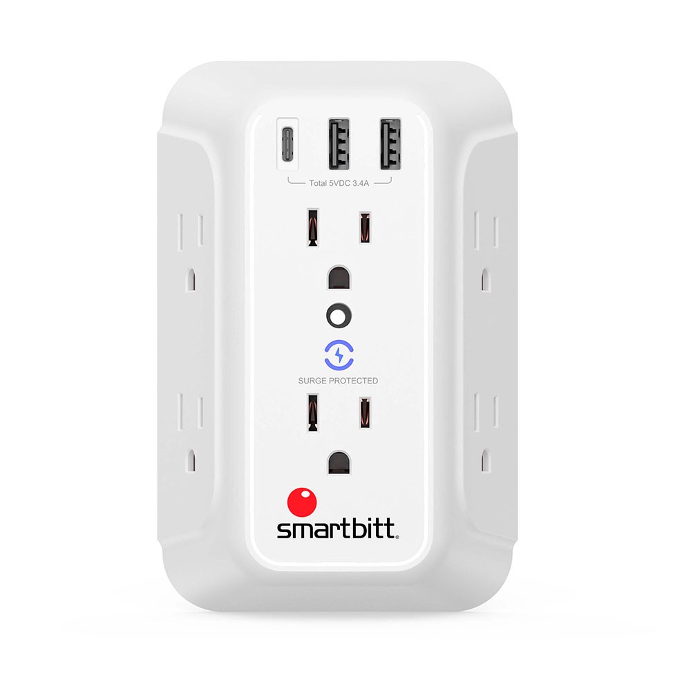 Supresor De Picos De Voltaje 1480j Para Pared 6 Cont 3 Ptos Usb Mca. Smartbitt